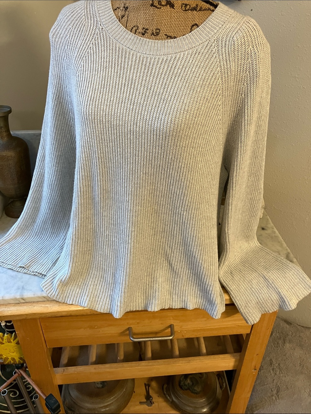 Lafayette 148 New York Light Gray Knit Top with Beige Trim